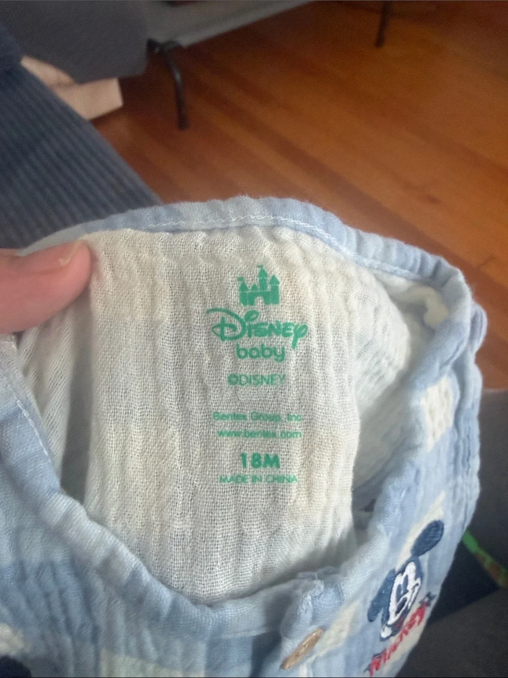 Disney Light Blue & White Plaid Mickey Embroidered Baby Romper